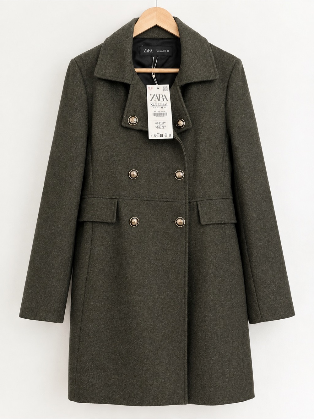 Zara Olive Green Double-Breasted Pea Coat